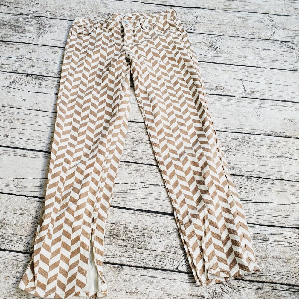Pacsun Jeans Women 26 Brown Ivory Chevron Low Rise Straight Leg Button Fly Denim